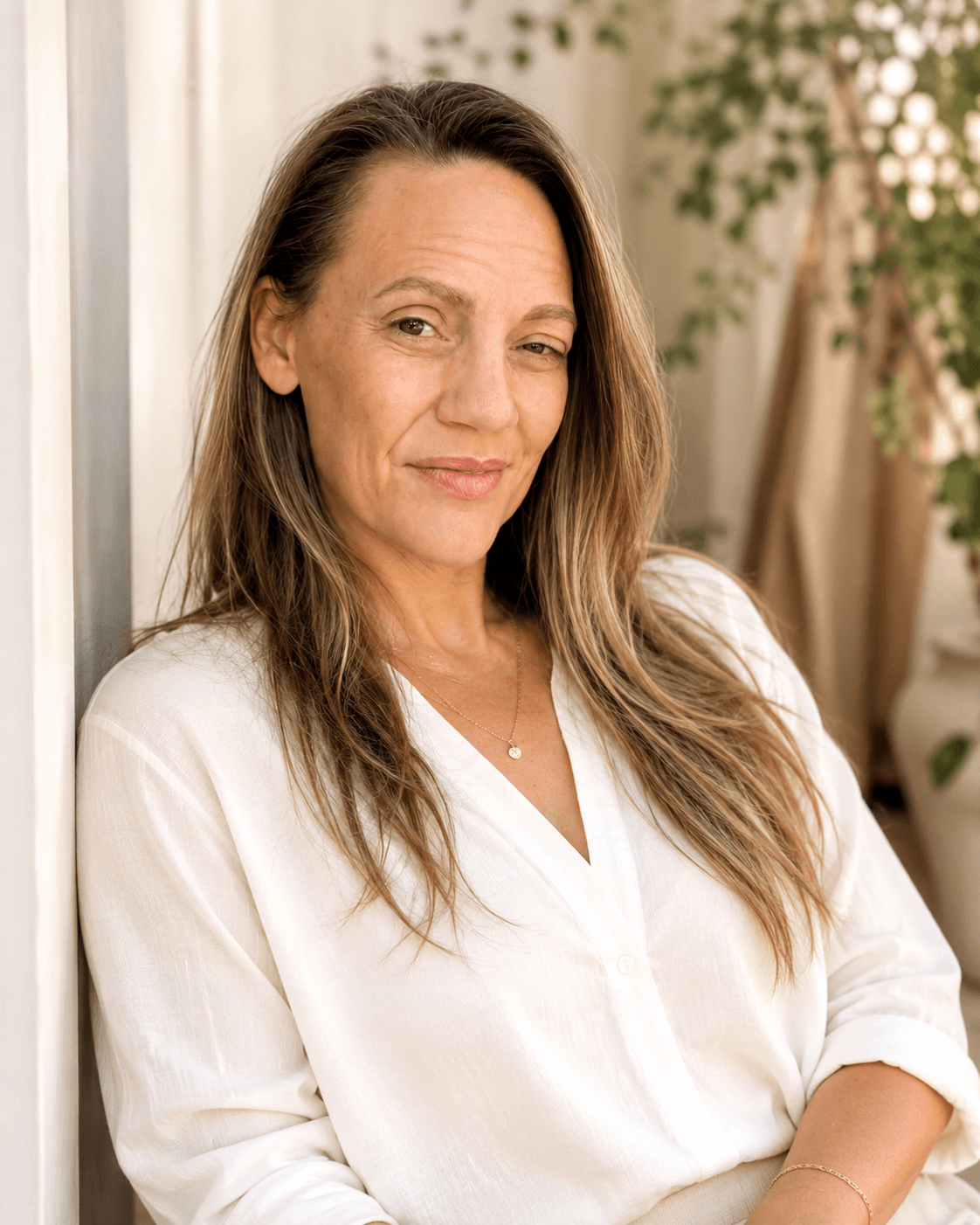 Amber, the author and speaker, in a white blouse against a soft neutral background.