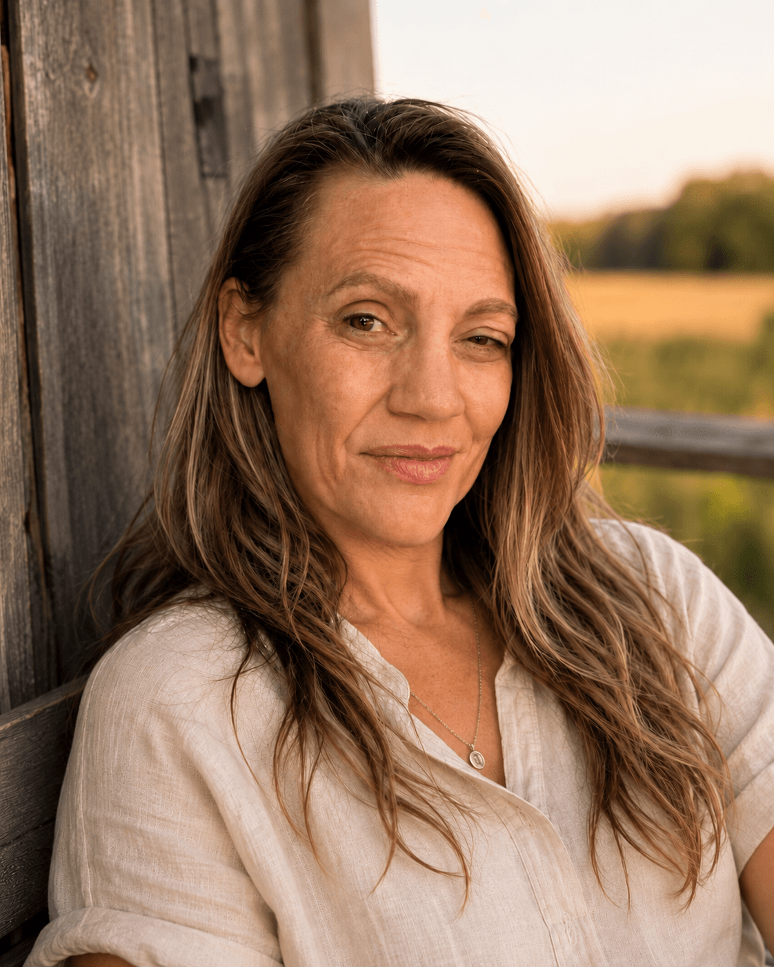 Amber, the author, in a cream blouse beside weathered wood with a golden field behind her.